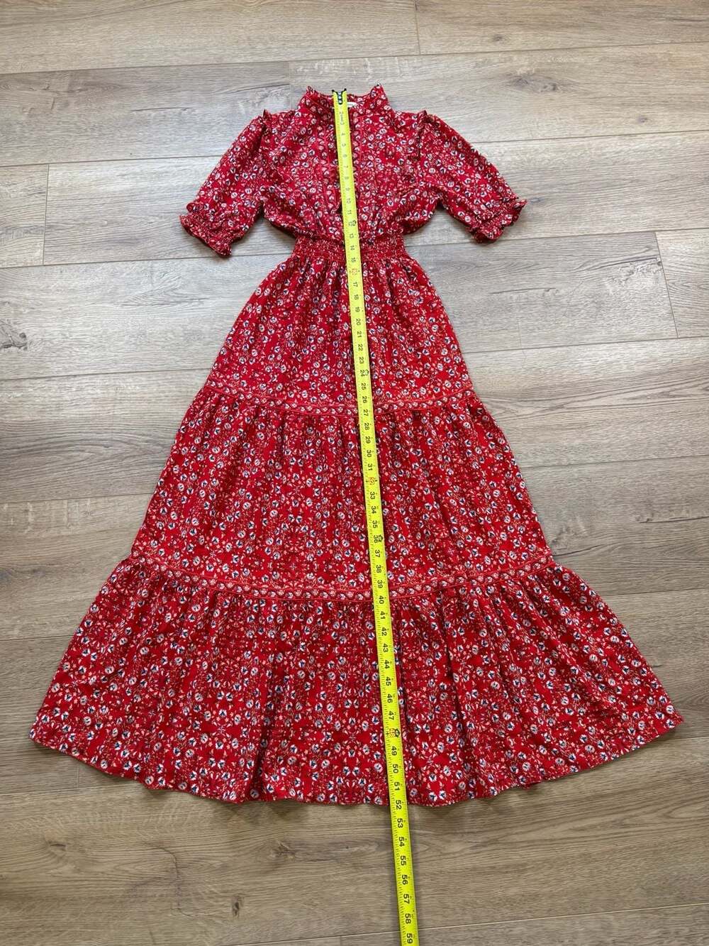 Max Studio Red Floral Tiered Maxi Dress Smocked Waist Boho Cottagecore S - Picture 8 of 14